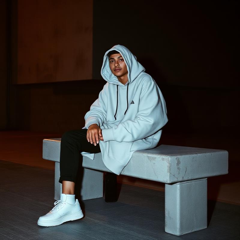 Model resting on a brutalist concrete bench