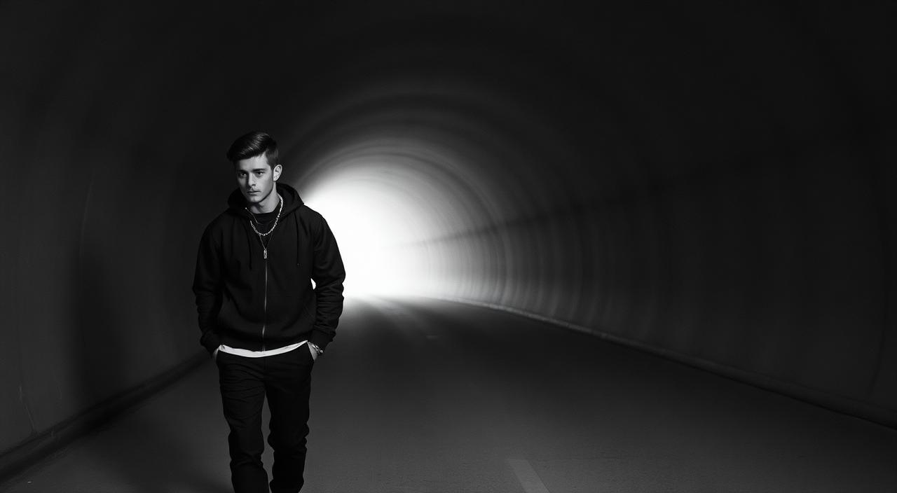 Editorial shot of a model walking through a concrete tunnel